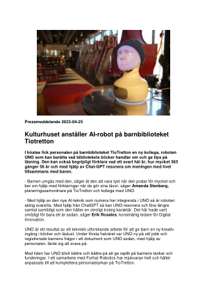 Kulturhuset 在蒂奥特雷顿儿童图书馆雇佣人工智能机器人